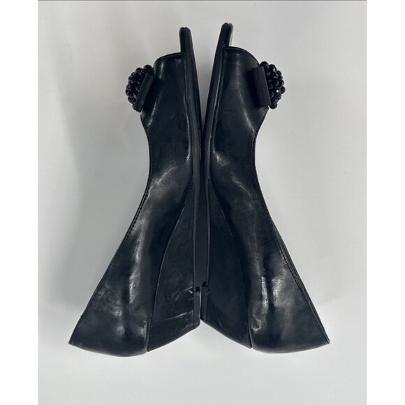 Wedge Peep Toe Shoes Womens 7.5 Black Bling Bow Wedge Heel Slip On Utah - Picture 6 of 11